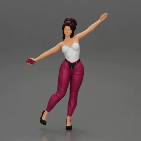 Happy Young Woman in pants Standing on One Leg holding phone by 3DGeschaft Miniatures Figures