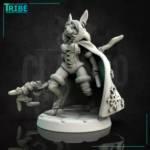 (0157) Female rabbitfolk wizard sorceress druid with a magical club, cape and a knife by Claudio Casini Art