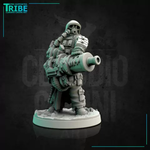 (0138) Male post-apocalyptic sci-fi soldier with antigas mask and heavy cannon gatling by Claudio Casini Art