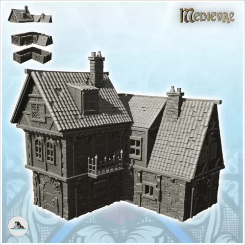 Large medieval house with spiked balcony and multiple floors (2) - Medieval Gothic Feudal Old Archaic Saga 28mm 15mm by Hartolia Miniatures