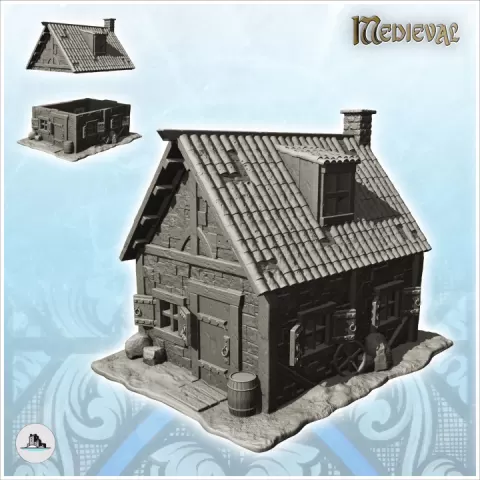 Medieval house with tiled roof, floor window and accessories (3) - Medieval Gothic Feudal Old Archaic Saga 28mm 15mm by Hartolia Miniatures