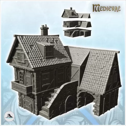 Large medieval house with stairs and archway (1) - Medieval Gothic Feudal Old Archaic Saga 28mm 15mm by Hartolia Miniatures