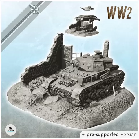 Carcass of Panzer IV Ausf. F1 in building ruin - miniatures - Hartolia Miniatures