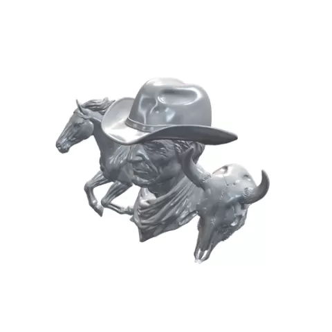 Wild West Cowboy Bust Hat Galloping Horse Longhorn Skull Sculpture STL 3D CNC No-11
