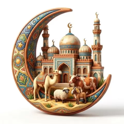 Happy Eid al-Adha Islamic Celebration - Mosque & Halal Animals (Camel, Cow, Goat, Sheep) in Crescent Moon - 3D Printable STL