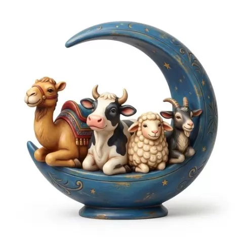 Eid al-Adha Islamic Celebration - Sitting Halal Animals (Camel, Cow, Goat, Sheep) in Crescent Moon - 3D Printable STL