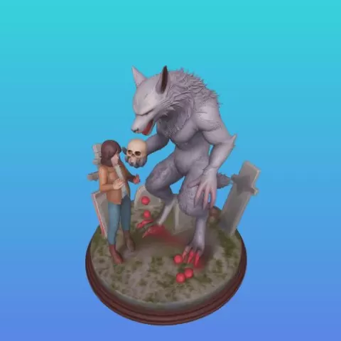 3742 Colorful 3D Model of Confused Werewolf and Brave Girl on Base, magic, creature, fantasy, wood, gnome, gorgon, warrior, wild, fox, monster, cat, dog, fair, witch, werewolf, horror, beast, gothic, troll, STL