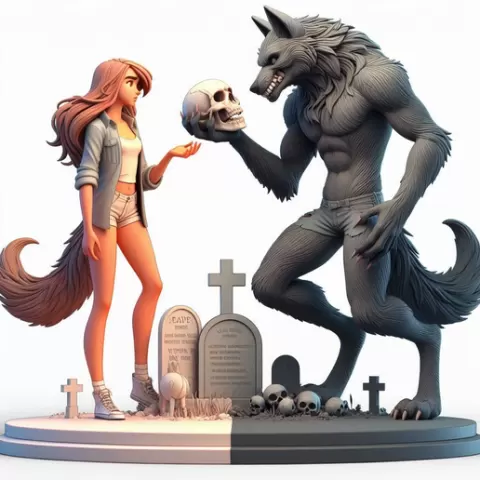 3739 Colorful 3D Model of Confused Werewolf and Brave Girl on Base, magic, creature, fantasy, wood, gnome, gorgon, warrior, wild, fox, monster, cat, dog, fair, witch, werewolf, horror, beast, gothic, troll, STL