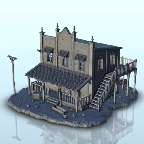 Big wooden house with canopy and outside stairs - Terrain - Hartolia Miniatures