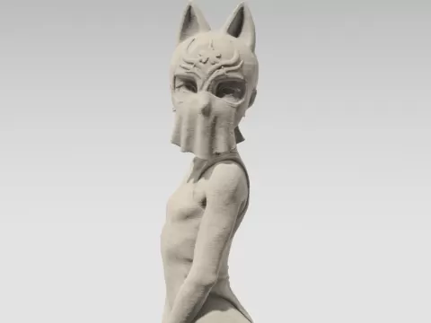 Kneeling Masked Kitsune / Ninja Girl Statue
