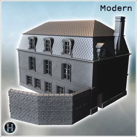 Stone building with a slanted roof, three chimneys, and a side wall with small windows (Carentan, Normandy 1944, France) (38) - World War Two Second WWII Bocage D-Day Operation Overlord Western US by Hartolia Miniatures