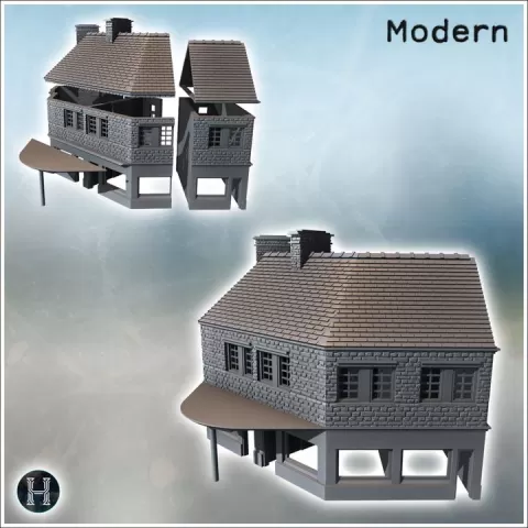 L-shaped building with stone walls and three chimneys on the roof (Carentan, Normandy 1944, France) (10) - World War Two Second WWII Bocage D-Day Operation Overlord Western US by Hartolia Miniatures