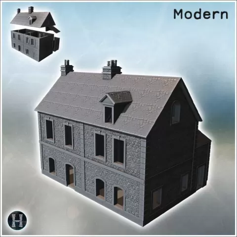 Two-story stone building with chimneys, arched windows, and a gabled roof (Carentan, Normandy 1944, France) (2) - World War Two Second WWII Bocage D-Day Operation Overlord Western US by Hartolia Miniatures