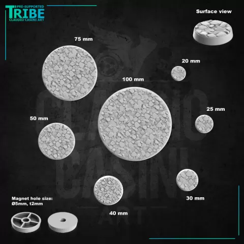 (MK 0014) Little Rocks Terrain bases 20 - 25 - 30 - 40 - 50 - 75 - 100 mm (TWO versions) by Claudio Casini Art