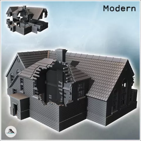 Large modern mansion with angled roof and central annex with chimney (destroyed version) (40) - Modern WW2 WW1 World War Diaroma Wargaming RPG Mini Hobby by Hartolia Miniatures