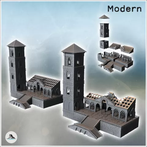 Set of two modern buildings with a tower, gothic arches, and a grand staircase (destroyed and intact versions) (37) - Modern WW2 WW1 World War Diaroma Wargaming RPG Mini Hobby by Hartolia Miniatures