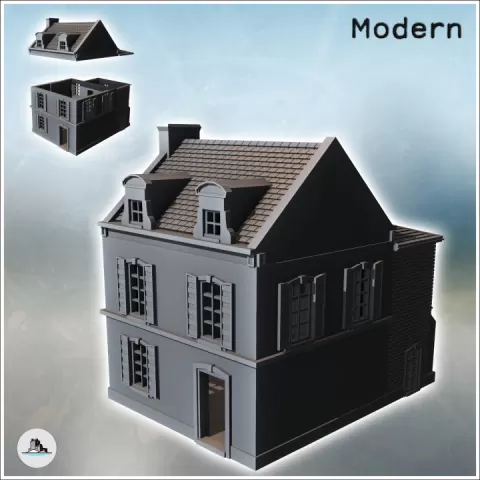 Two-story building with baroque-style roof windows and rear annex (intact version) (34) - Modern WW2 WW1 World War Diaroma Wargaming RPG Mini Hobby by Hartolia Miniatures