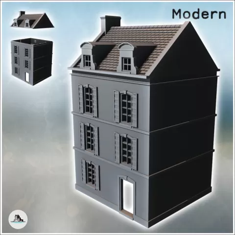 Square building with two floors and baroque-style roof windows (intact version) (32) - Modern WW2 WW1 World War Diaroma Wargaming RPG Mini Hobby by Hartolia Miniatures