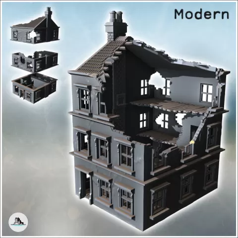 Tiled-roof house with bay window on the ground floor and a large rear wall (destroyed version) (17) - Modern WW2 WW1 World War Diaroma Wargaming RPG Mini Hobby by Hartolia Miniatures