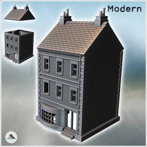 Two-story house with chimney and front porch (intact version) (15) - Modern WW2 WW1 World War Diaroma Wargaming RPG Mini Hobby by Hartolia Miniatures