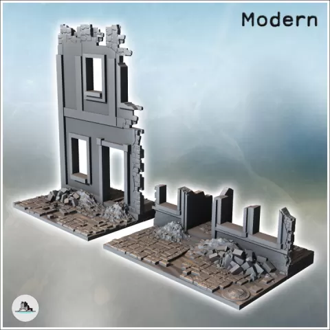 Set of ruined walls with debris on the ground (10) - Modern WW2 WW1 World War Diaroma Wargaming RPG Mini Hobby by Hartolia Miniatures