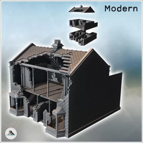 European houses with double bay windows and rear walls (ruined version) (7) - Modern WW2 WW1 World War Diaroma Wargaming RPG Mini Hobby by Hartolia Miniatures