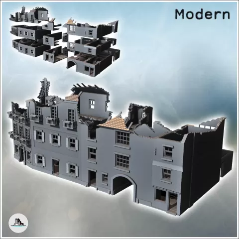 Set of European houses with balconies and arch (ruined version) (2) - Modern WW2 WW1 World War Diaroma Wargaming RPG Mini Hobby by Hartolia Miniatures