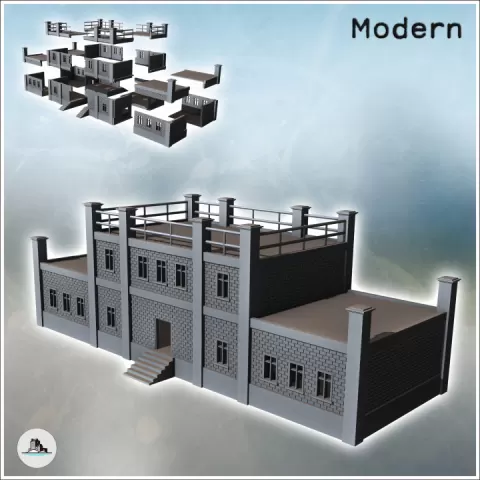 Modern brick building with flat roof, access stairs, and balustrades (13) - Modern WW2 WW1 World War Diaroma Wargaming RPG Mini Hobby by Hartolia Miniatures