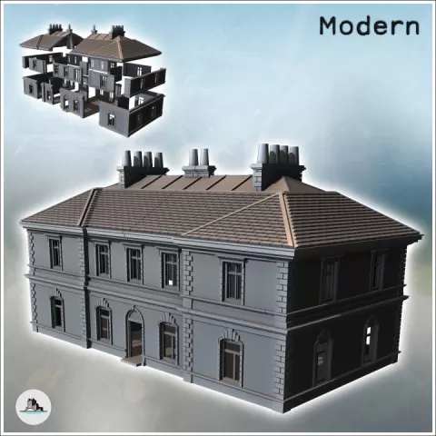 Modern multi-story building with tiled roof and multiple chimneys (17) - Modern WW2 WW1 World War Diaroma Wargaming RPG Mini Hobby by Hartolia Miniatures