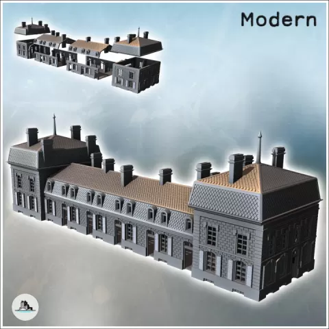 Baroque-style hotel with Mansard roof, double roof arrows, and multiple chimneys (9) - Modern WW2 WW1 World War Diaroma Wargaming RPG Mini Hobby by Hartolia Miniatures