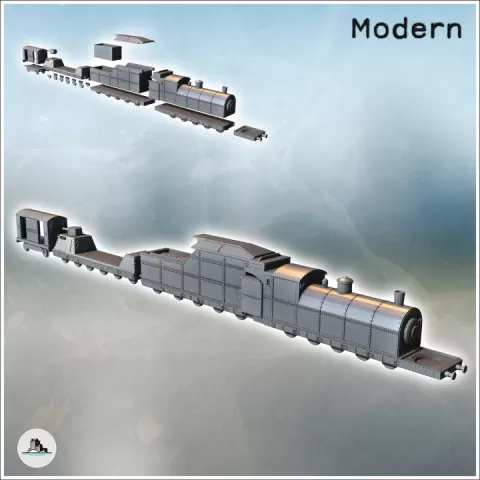 Modern railway convoy with armored train and trailer equipped with military turret (2) - Cold Era Modern Warfare Conflict World War 3 RPG Post-apo by Hartolia Miniatures