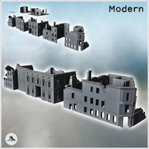 Set of three ruined modern buildings with cornice windows (9) - Modern WW2 WW1 World War Diaroma Wargaming RPG Mini Hobby by Hartolia Miniatures