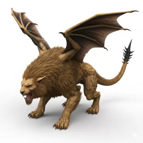 Manticore crouched aggressive, dinosaur, dino, prehistoric, jurassic, fossil, reptile, creature, monster, fantasy, dragon, beast