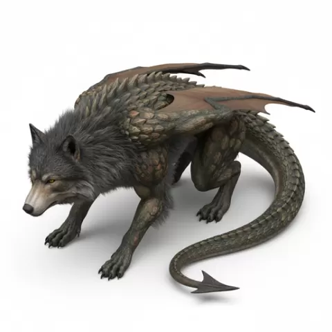 Dragon-wolf hybrid crouched, dinosaur, dino, prehistoric, jurassic, fossil, reptile, creature, monster, fantasy, dragon, beast