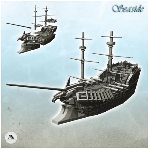 Two-masted medieval wooden ship with six gunpowder cannons (1) - Pirate Jungle Island Beach Piracy Caribbean Medieval Skull Renaissance by Hartolia Miniatures