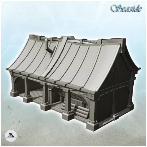 Medieval wooden warehouse with square columns with loading of wood (22) - Pirate Jungle Island Beach Piracy Caribbean Medieval Skull Renaissance by Hartolia Miniatures