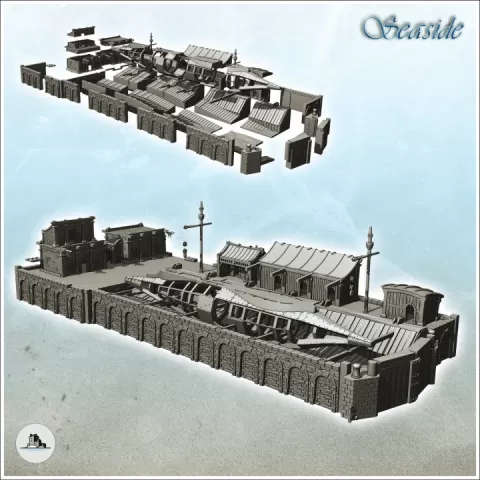 Medieval shipyard with ship hull and ancillary buildings on platform (17) - Pirate Jungle Island Beach Piracy Caribbean Medieval Skull Renaissance by Hartolia Miniatures