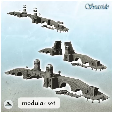 Swing Bridge Modular Set with Wooden Dock and Towers (11) - Pirate Jungle Island Beach Piracy Caribbean Medieval Skull Renaissance by Hartolia Miniatures
