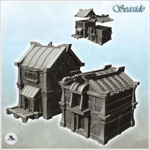Set of two medieval wooden buildings with stone platform (8) - Pirate Jungle Island Beach Piracy Caribbean Medieval Skull Renaissance by Hartolia Miniatures
