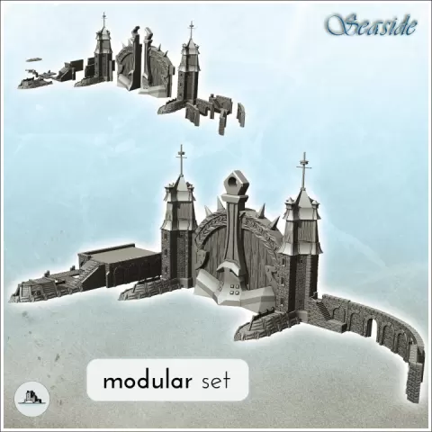 Modular medieval port entrance set with monumental gate, quays and stone walls (6) - Pirate Jungle Island Beach Piracy Caribbean Medieval Skull Renaissance by Hartolia Miniatures