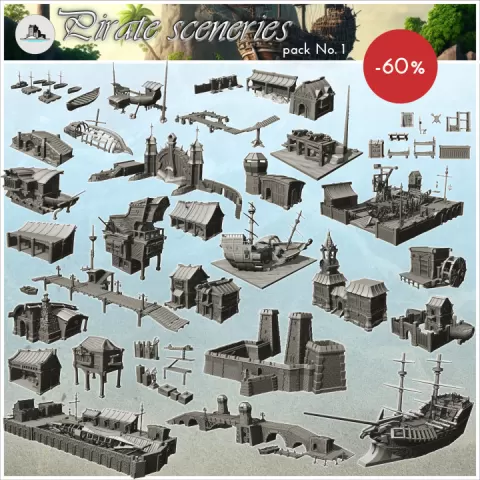 Pirate sceneries pack No. 1 - Pirate Jungle Island Beach Piracy Caribbean Medieval Skull Renaissance by Hartolia Miniatures