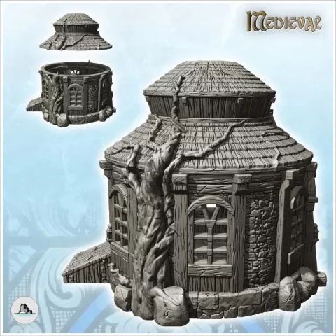 Round medieval house with double roof and tree barter (26) - Medieval Gothic Feudal Old Archaic Saga 28mm 15mm by Hartolia Miniatures