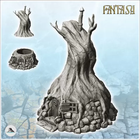 Medieval fantasy house in a tree trunk with stone base (27) - Medieval Gothic Feudal Old Archaic Saga 28mm 15mm by Hartolia Miniatures