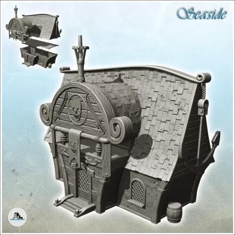 Hull-shaped pirate building with large decorative anchor mast (3) - Pirate Jungle Island Beach Piracy Caribbean Medieval Skull Renaissance by Hartolia Miniatures