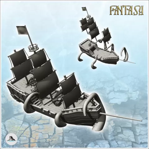 Large shipwrecked medieval sailboat with tentacles (1) - Pirate Jungle Island Beach Piracy Caribbean Medieval Skull Renaissance by Hartolia Miniatures