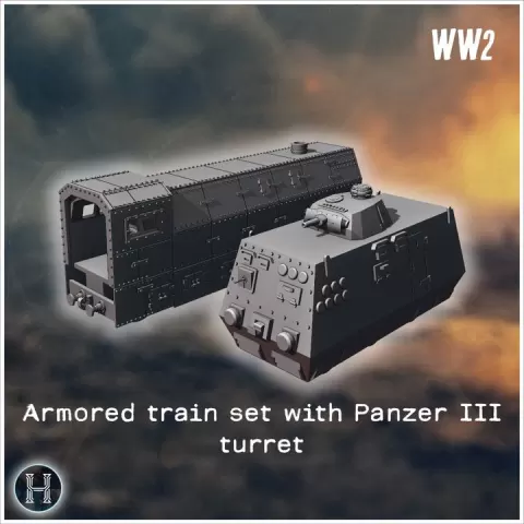 German armored train set with Panzer III turret - World War Two Second WWII Western campaign USA UK Germany by Hartolia Miniatures