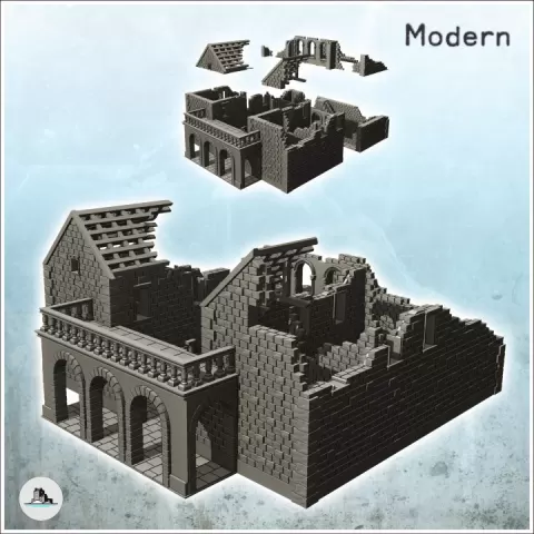 Ruined stone building with large balcony and frame (33) - World War Two Second WWII Western campaign USA UK Germany by Hartolia Miniatures