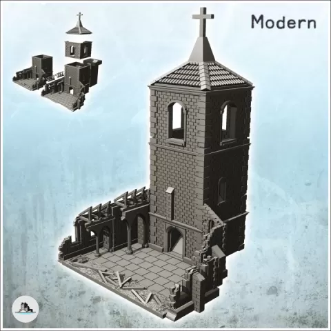 Ruined church with bell tower (with dice tower version) (9) - World War Two Second WWII Western campaign USA UK Germany by Hartolia Miniatures