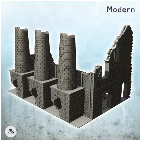 Ruined industrial building with three brick chimneys (5) - World War Two Second WWII Western campaign USA UK Germany by Hartolia Miniatures
