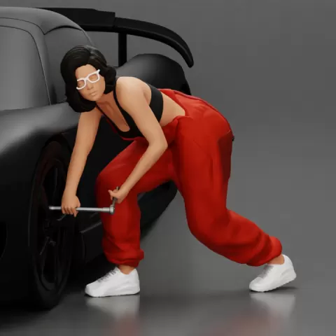 Girl mechanic in overalls turns off the front wheel of car with a key for removing the wheel by 3DGeschaft Miniatures Figures
